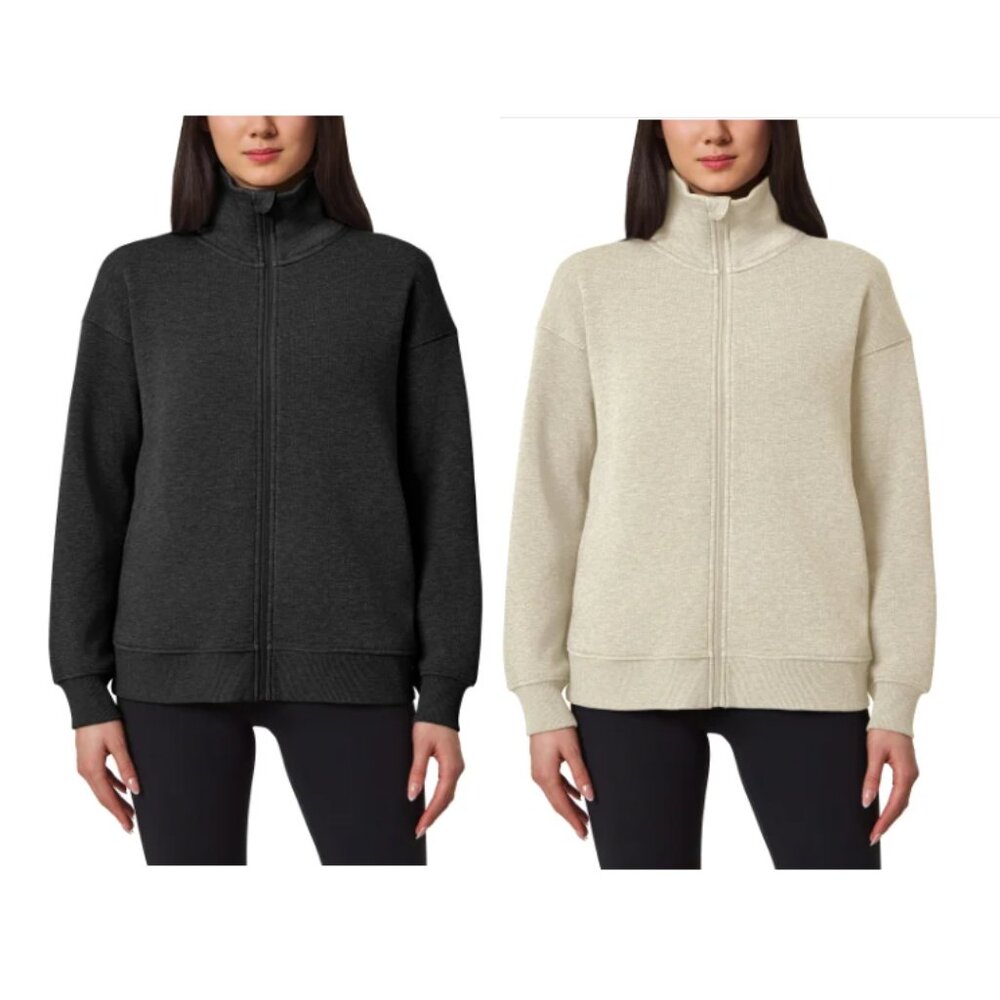 NWT Mondetta Women's Heathered Fleece Full Zip Black Tan Size M-3X $60 10HL332